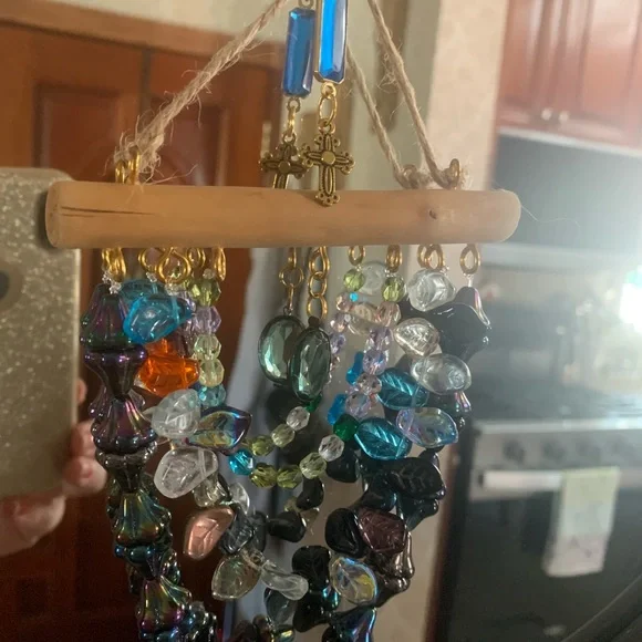 Iridescent Glass Beaded hanging ornament with multicolored Leaf Accents - Picture 3 of 10